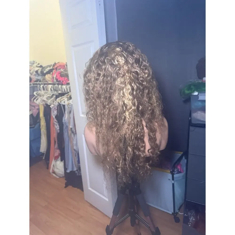 Brown Human Hair Lace Front Wig Curly with Highlights